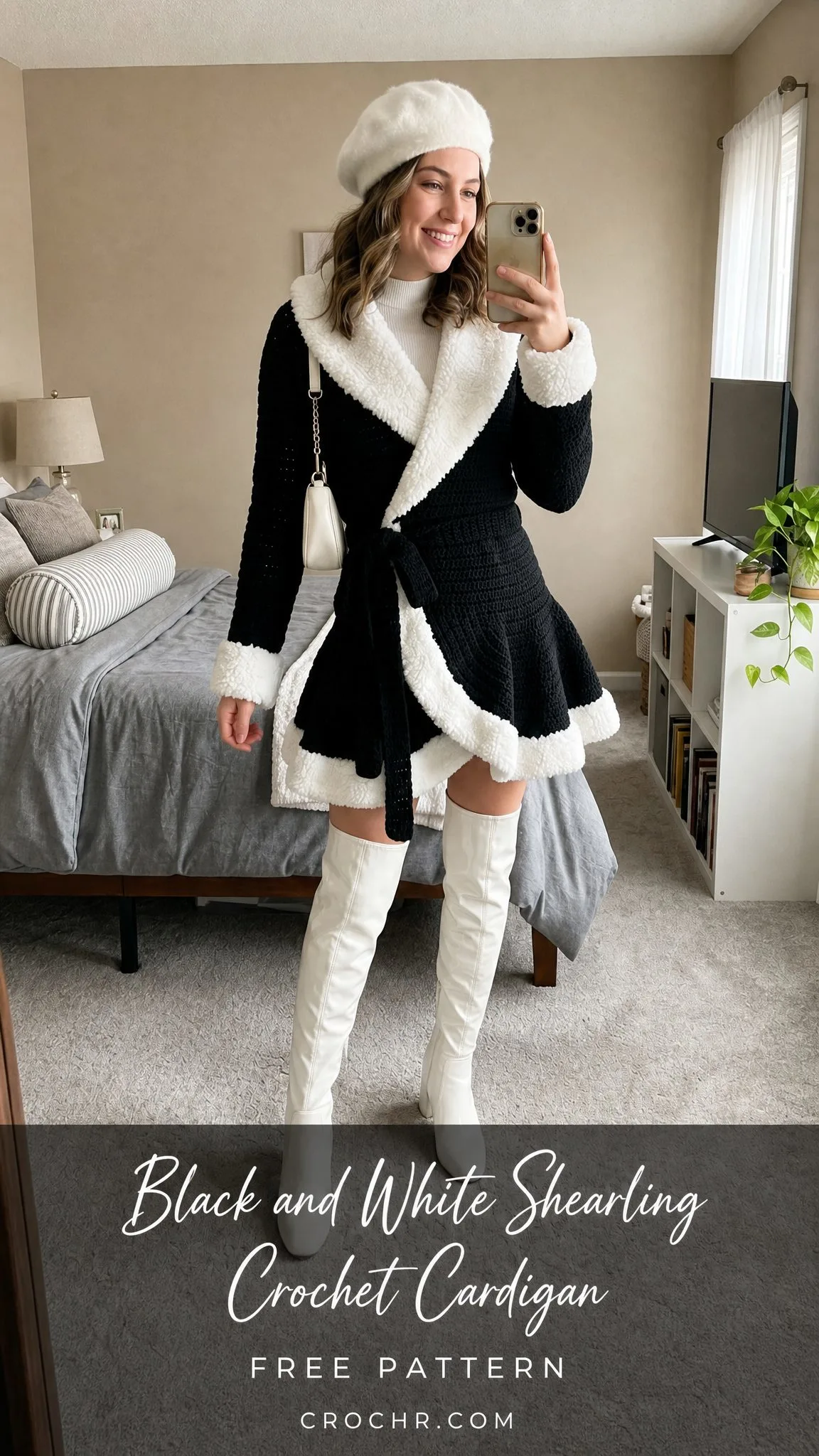 Black and White Shearling Crochet Cardigan Free Pattern