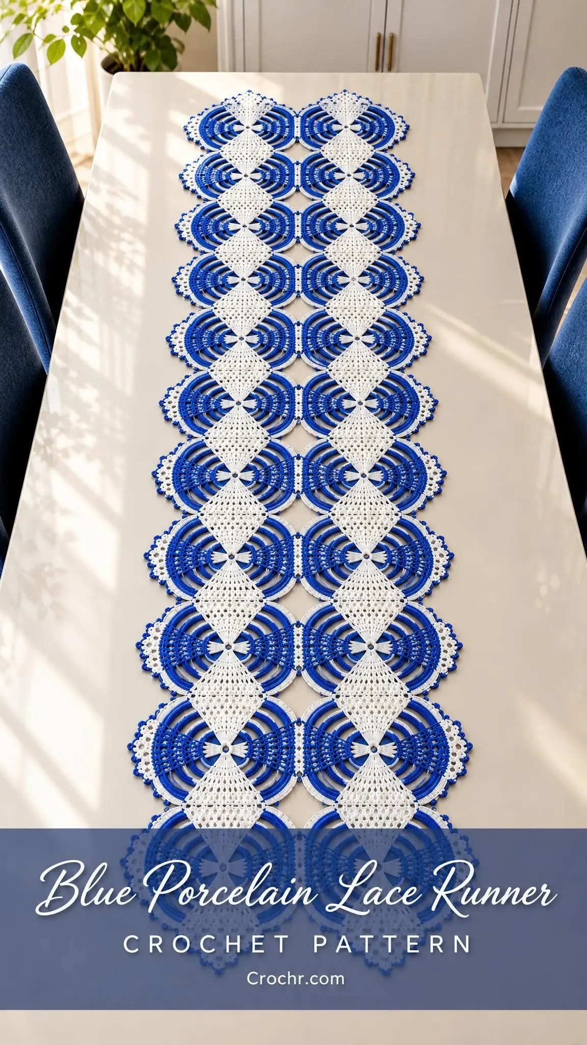 Cobalt blue porcelain style crochet runner showing detailed filet diamond pattern centered on chain arch medallions