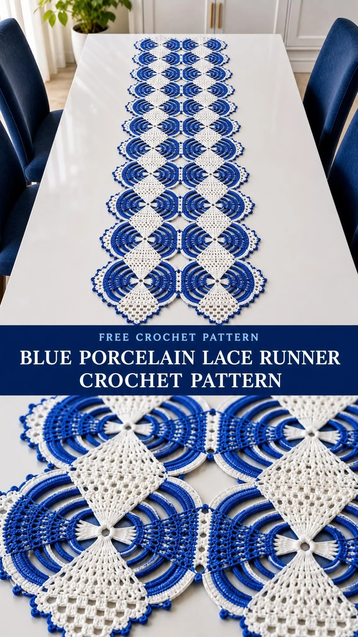 Handmade lace runner in blue and white cotton thread featuring 16 joined circular motifs with picot edging