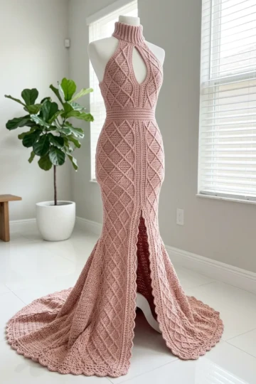 Blush Pink Diamond Lattice Mermaid Gown Free Crochet Pattern