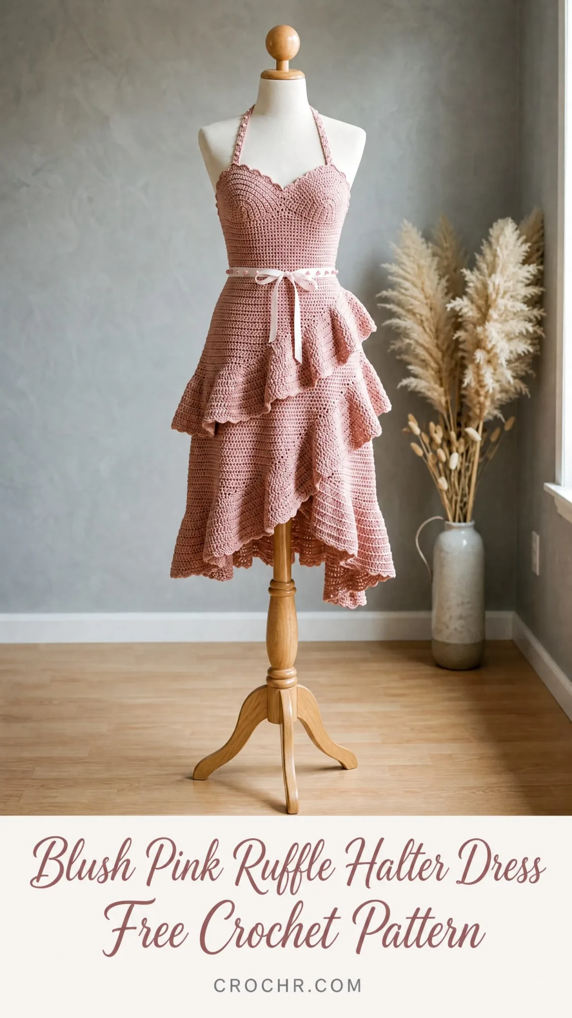 Blush Pink Ruffle Halter Dress Free Crochet Pattern