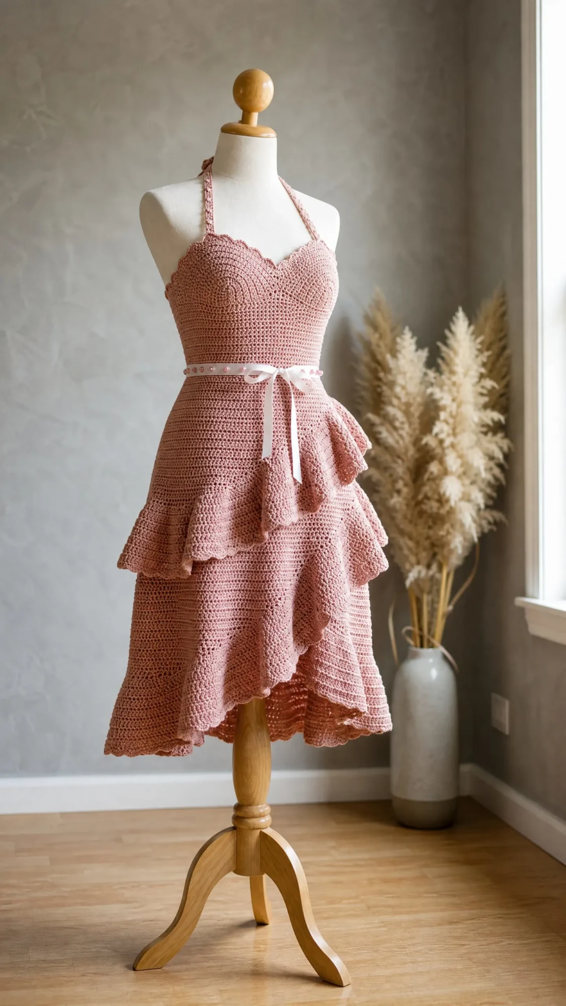 Blush Pink Ruffle Halter Dress Free Crochet Pattern