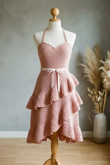 Blush Pink Ruffle Halter Dress Free Crochet Pattern
