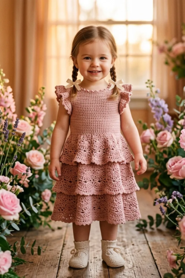 Blush Pink Tiered Ruffle Dress Free Crochet Pattern