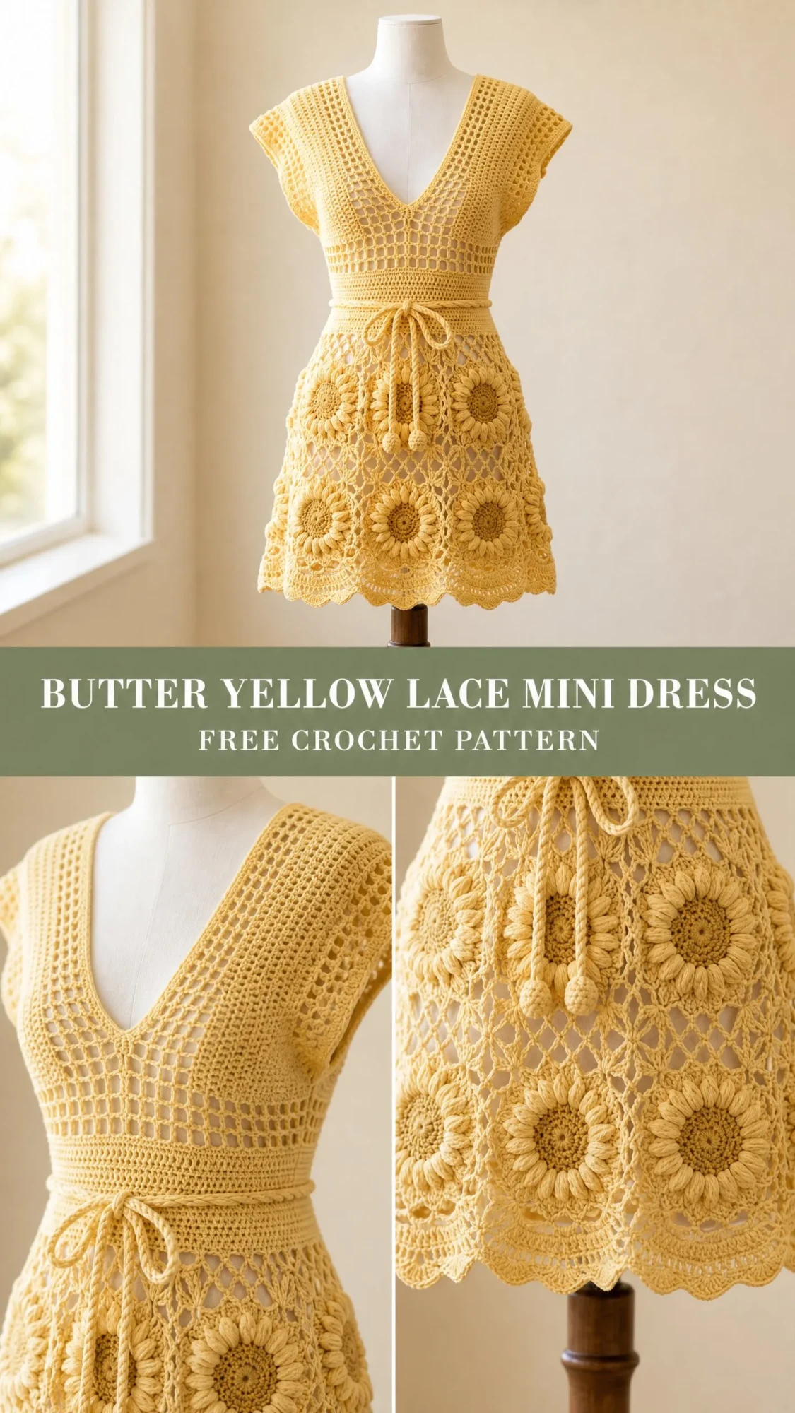 Butter Yellow Lace Mini Dress Free Crochet Pattern