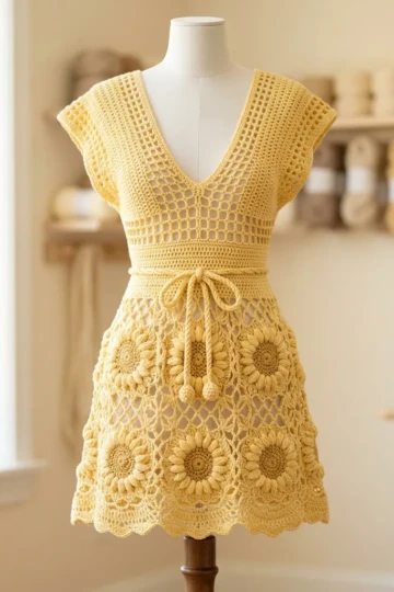 Butter Yellow Lace Mini Dress Free Crochet Pattern