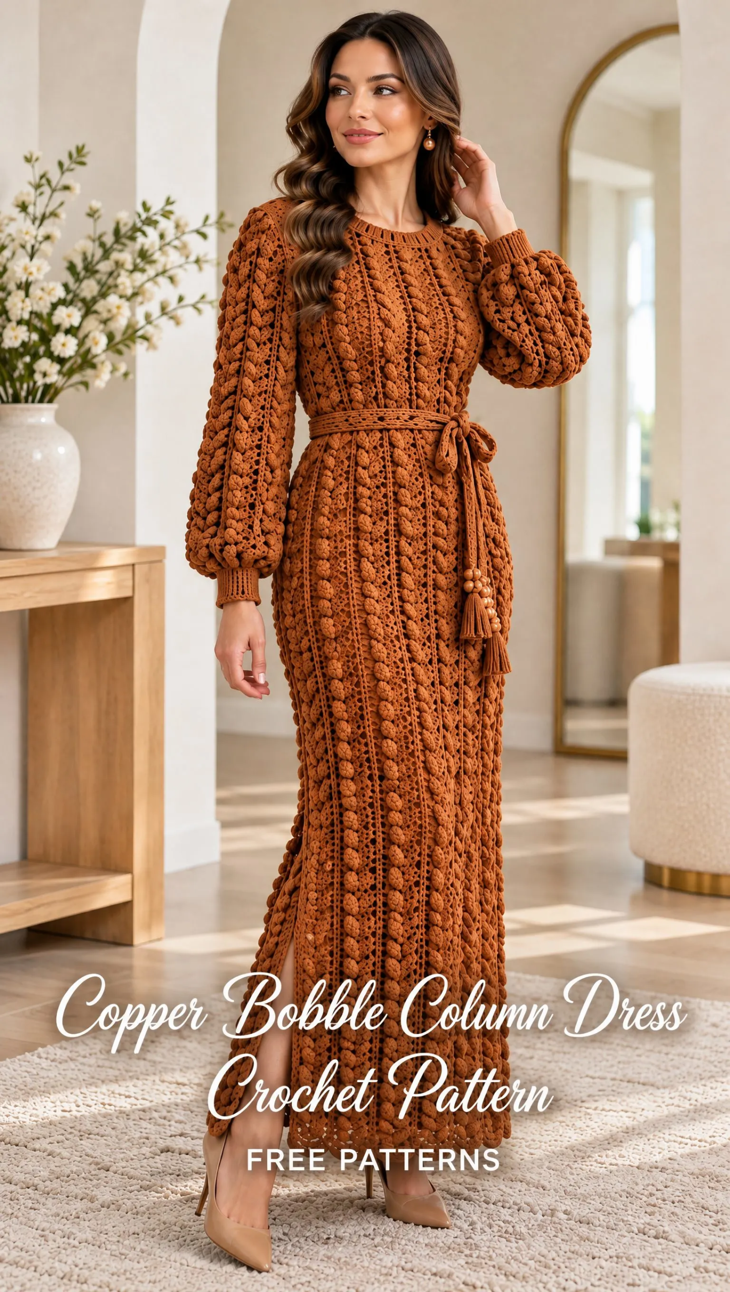 Full length burnished copper crochet dress featuring vertical popcorn stitch columns and a side slit near the hem