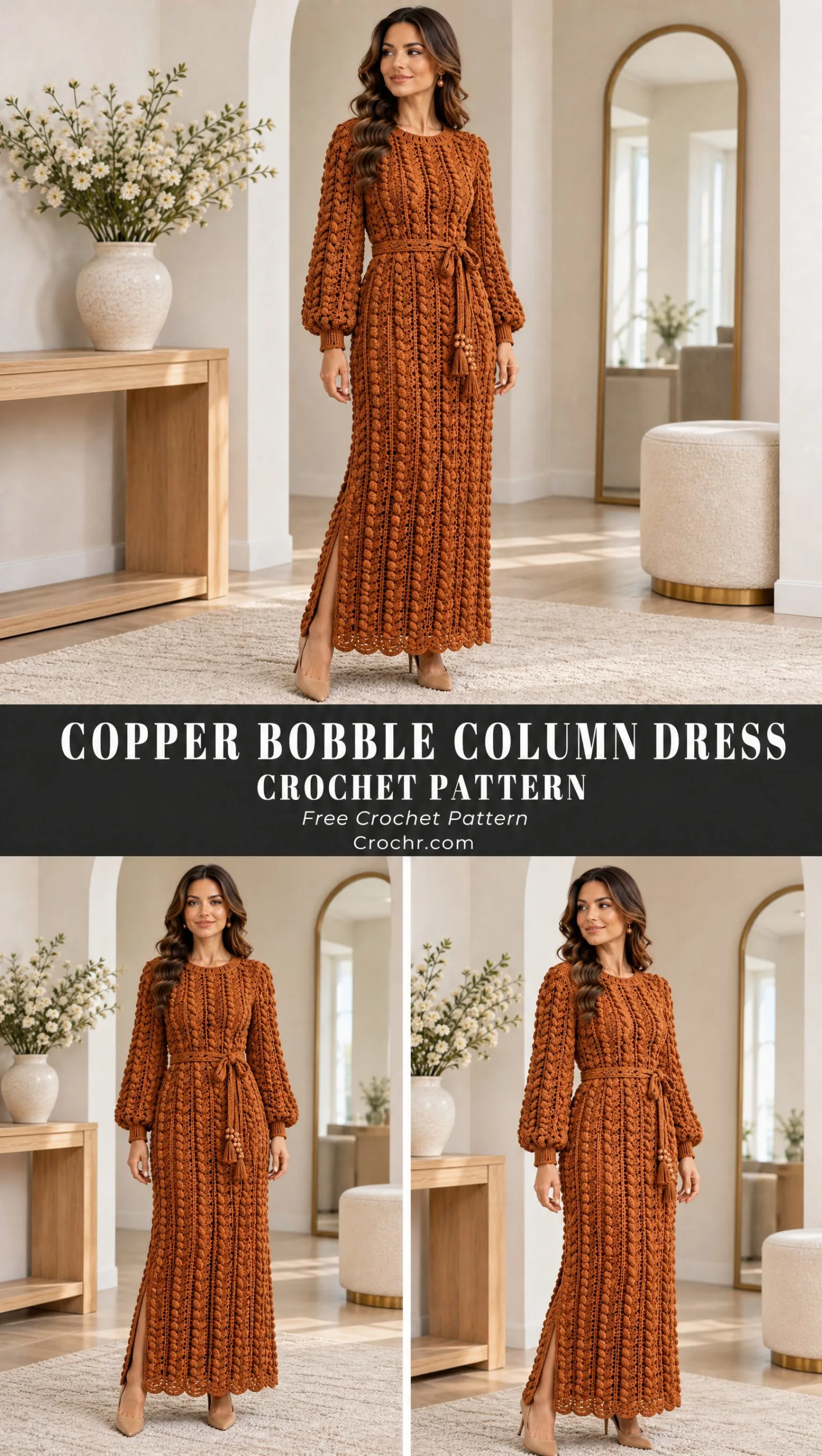 Close view of textured bobble stitch pattern on ankle length copper crochet dress with cinched waist belt and tassel detail