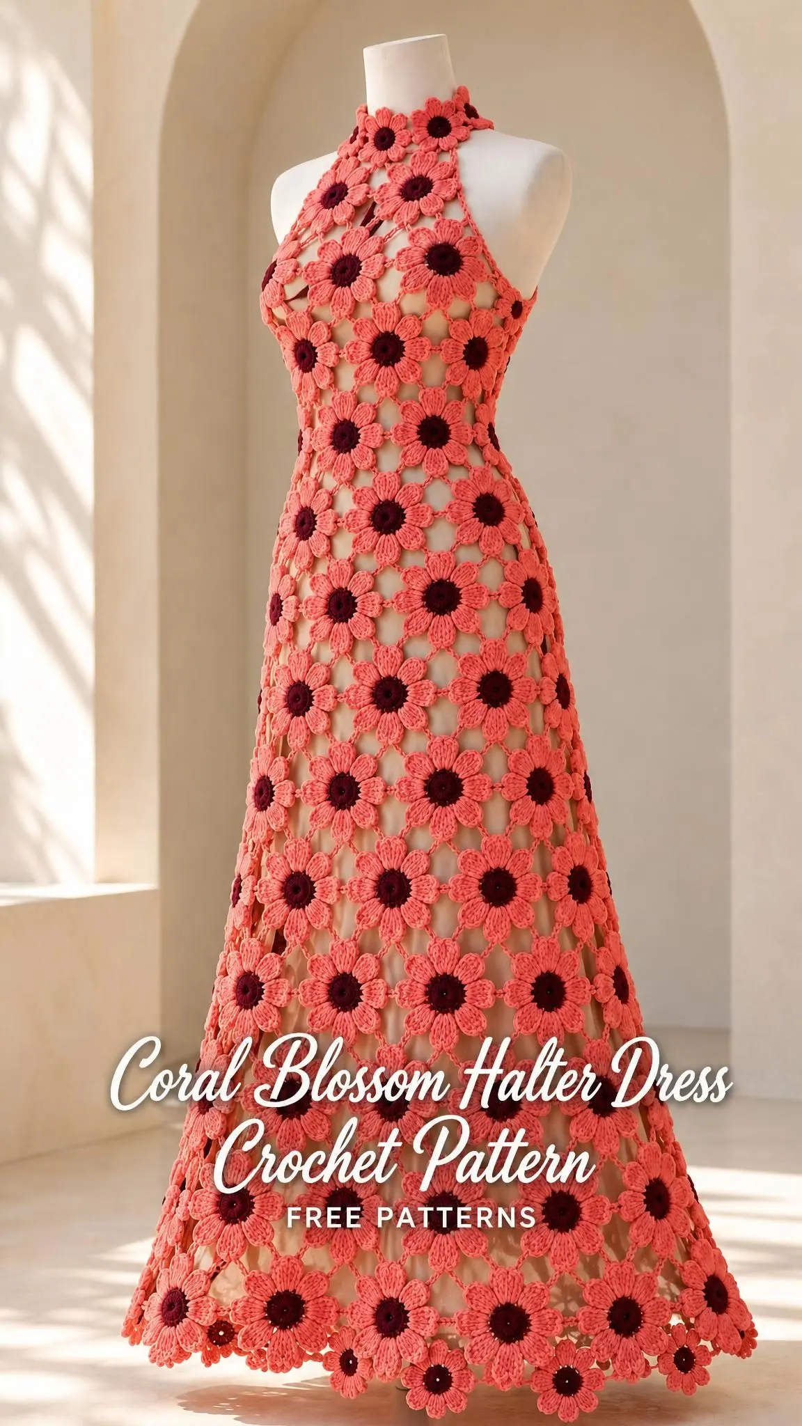 Close view of coral blossom crochet dress highlighting eight-petal flower motifs joined with chain bridges in lattice pattern