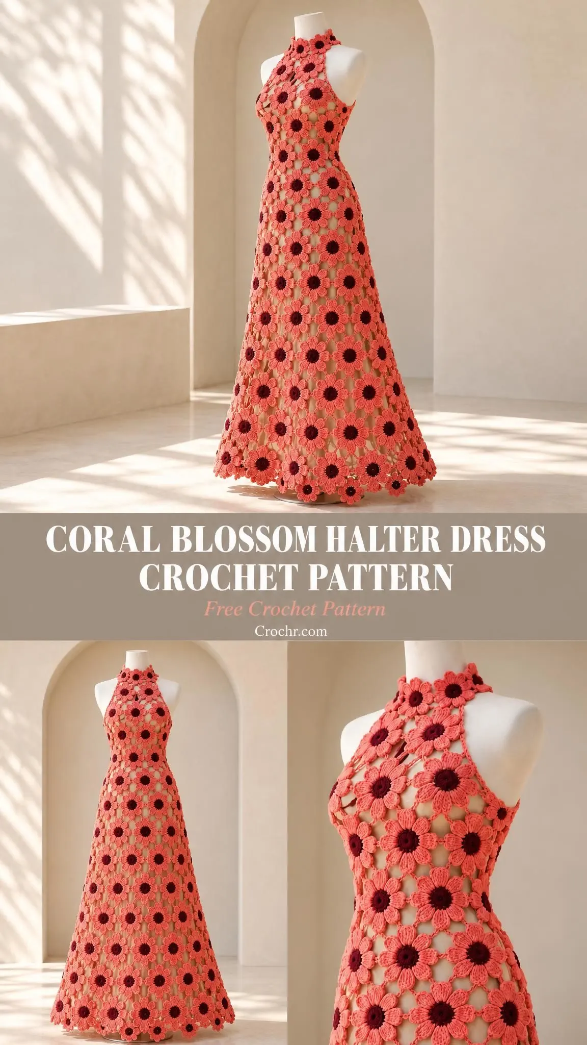 Full length coral crochet flower dress with halter neckline and scalloped hem, styled in bright natural light