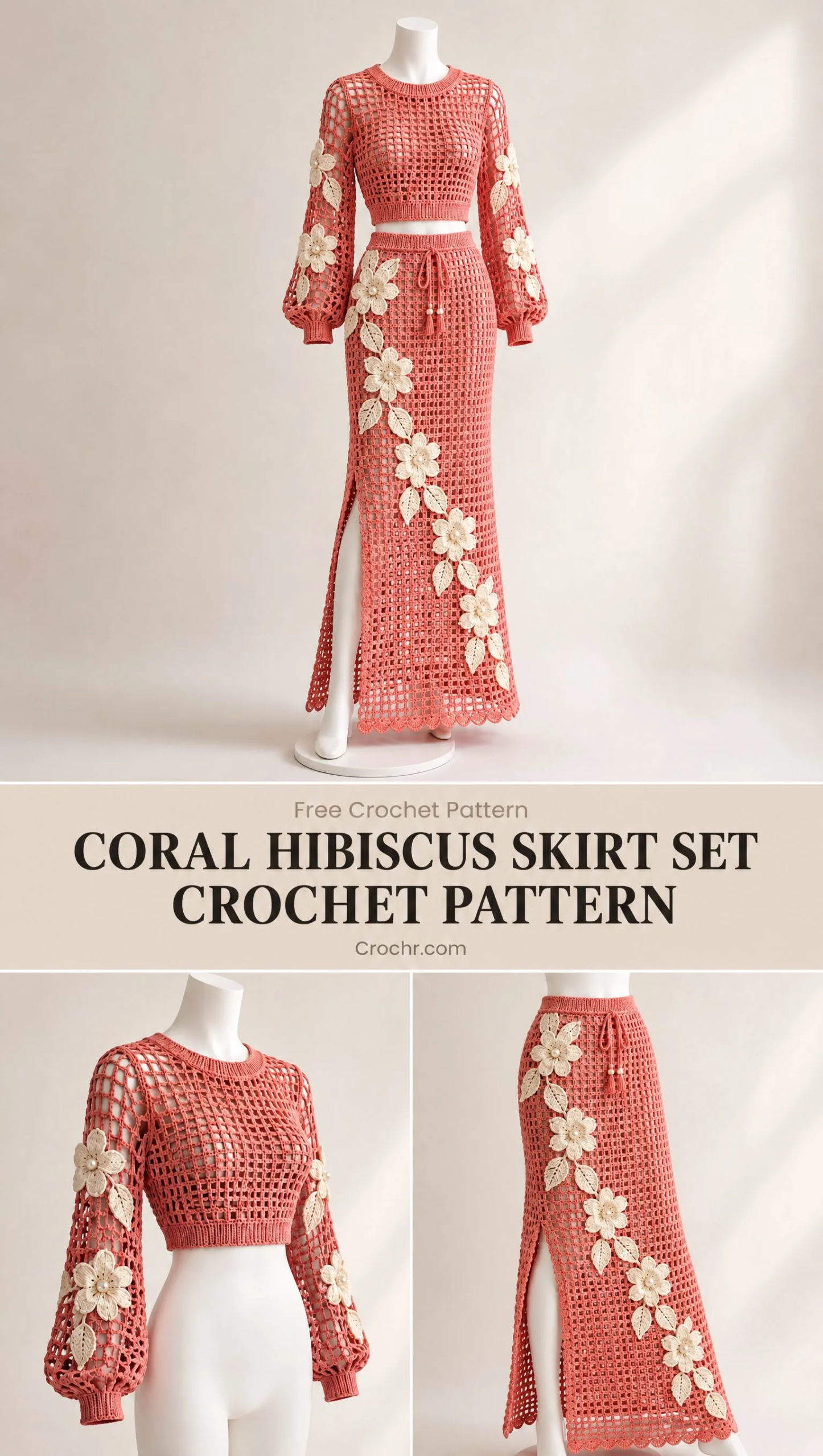 Full-length coral hibiscus crochet maxi skirt and matching crop top with ribbed trim and side slit