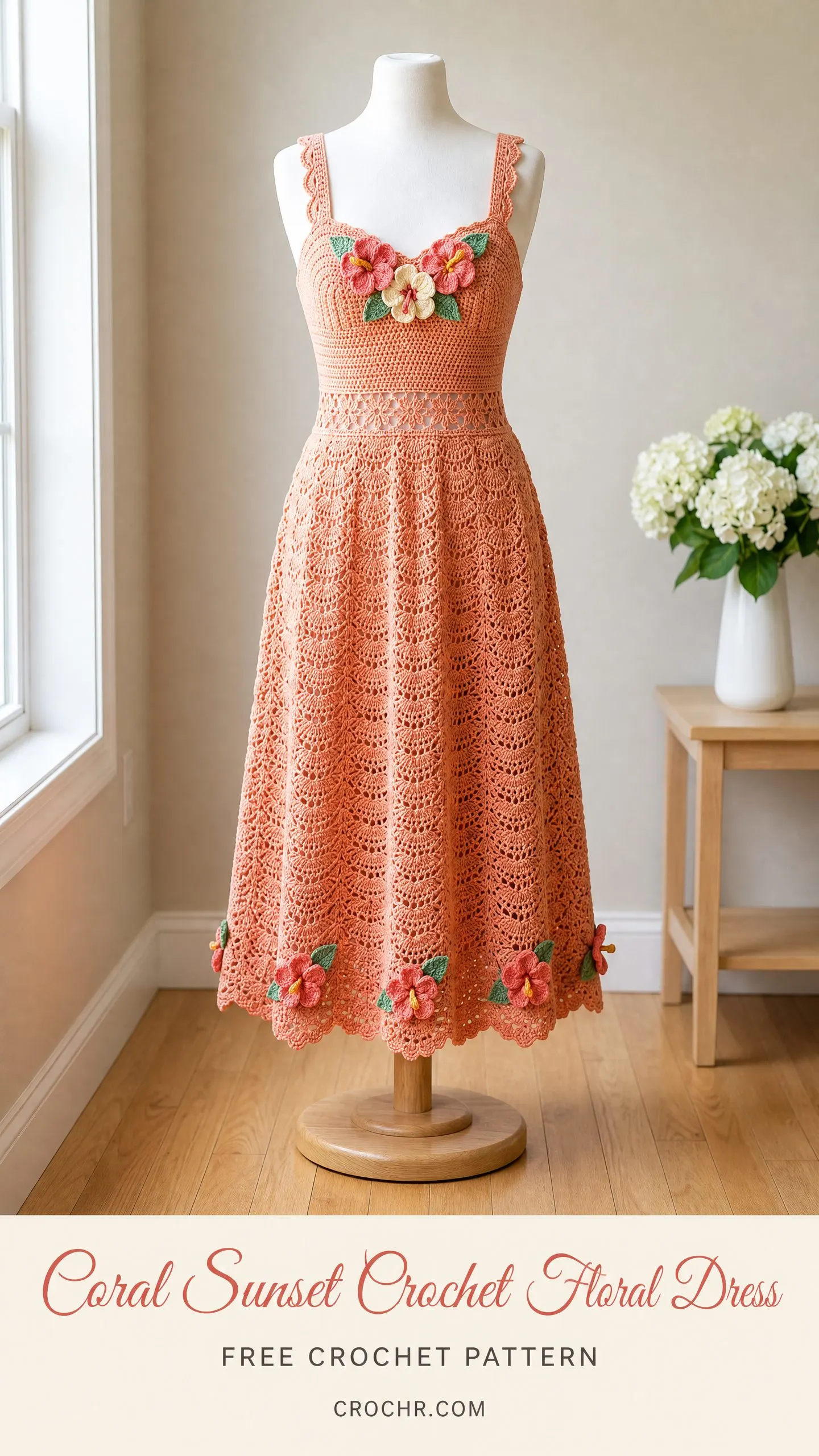 Coral Sunset Crochet Floral Dress Free Crochet Pattern