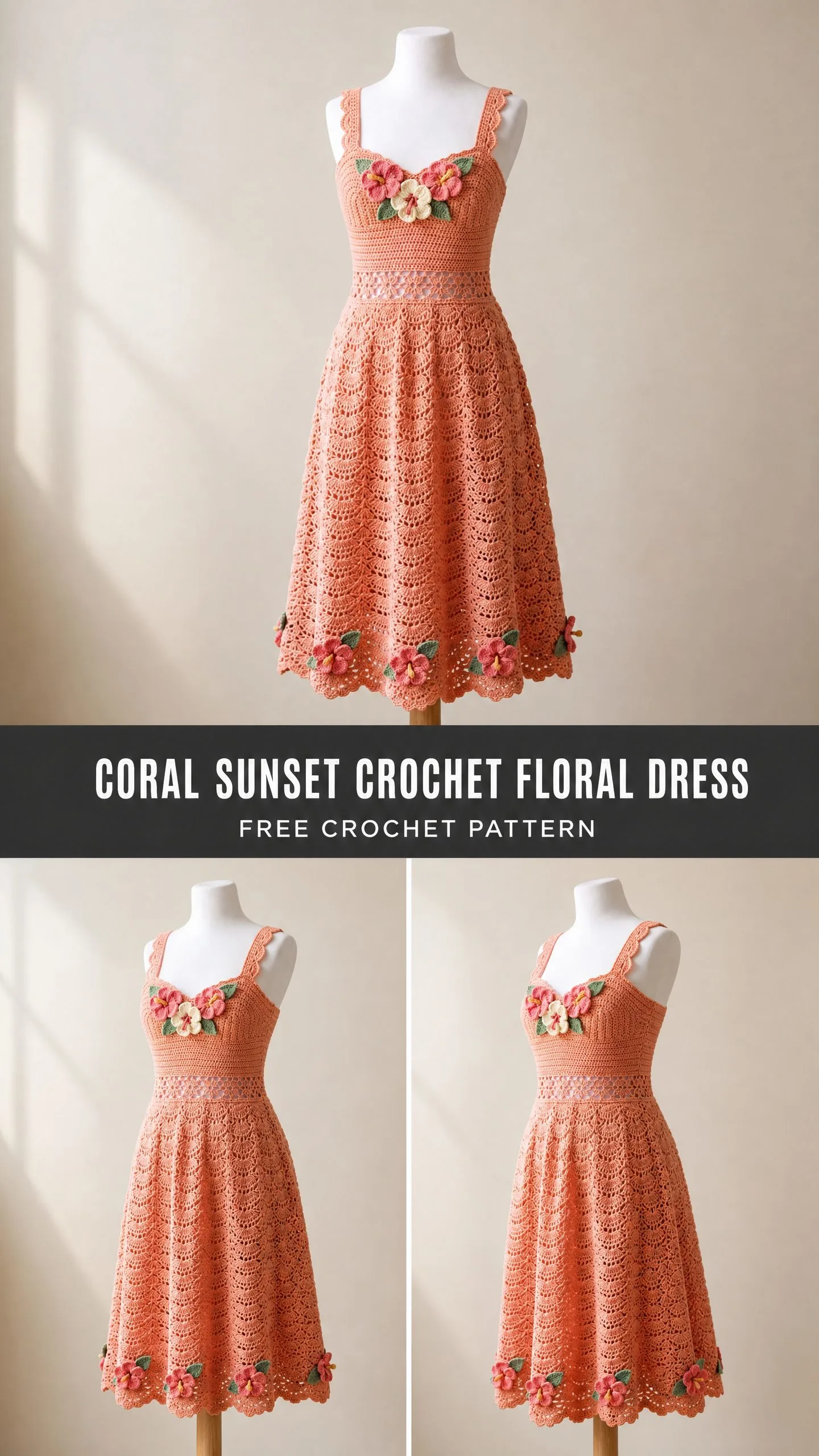 Coral Sunset Crochet Floral Dress Free Crochet Pattern