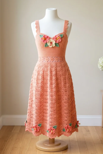 Coral Sunset Crochet Floral Dress Free Crochet Pattern