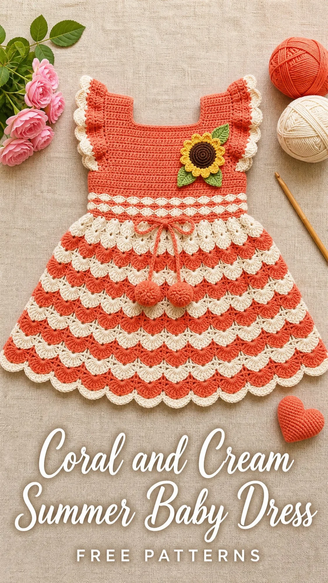 Coral and Cream Summer Baby Dress Free Crochet Pattern