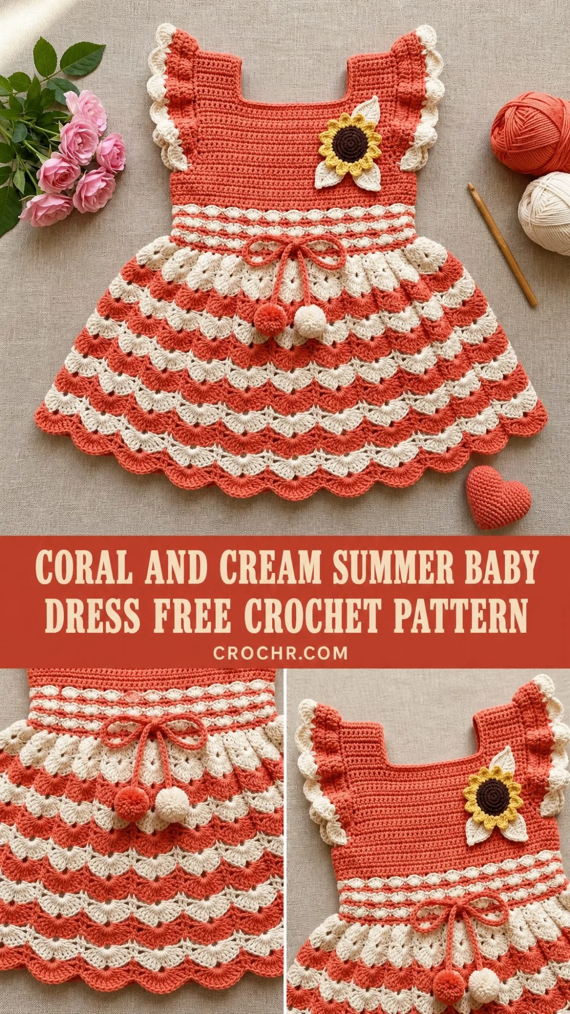 Coral and Cream Summer Baby Dress Free Crochet Pattern
