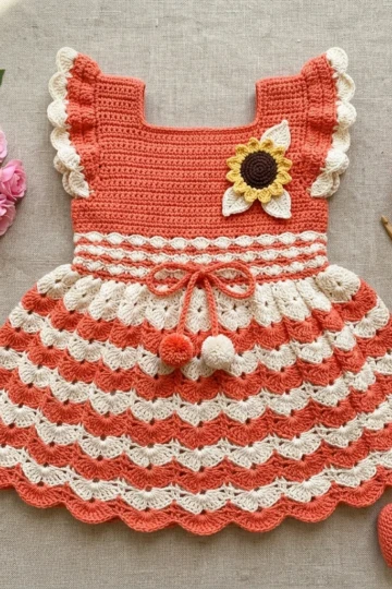 Coral and Cream Summer Baby Dress Free Crochet Pattern