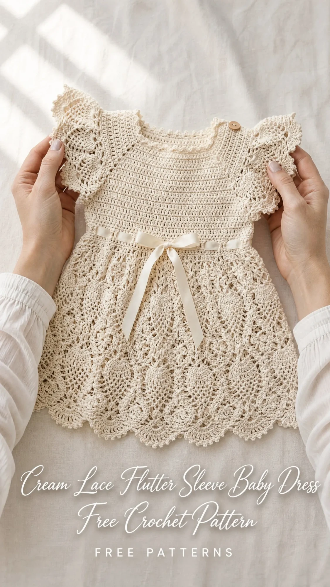 Cream Lace Flutter Sleeve Baby Dress Free Crochet Pattern