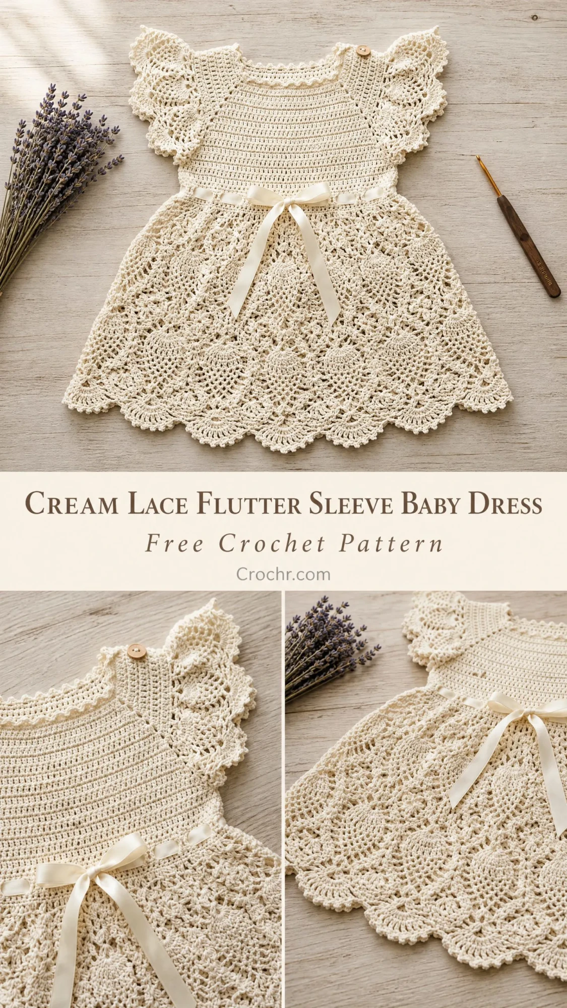 Cream Lace Flutter Sleeve Baby Dress Free Crochet Pattern