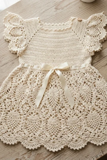 Cream Lace Flutter Sleeve Baby Dress Free Crochet Pattern