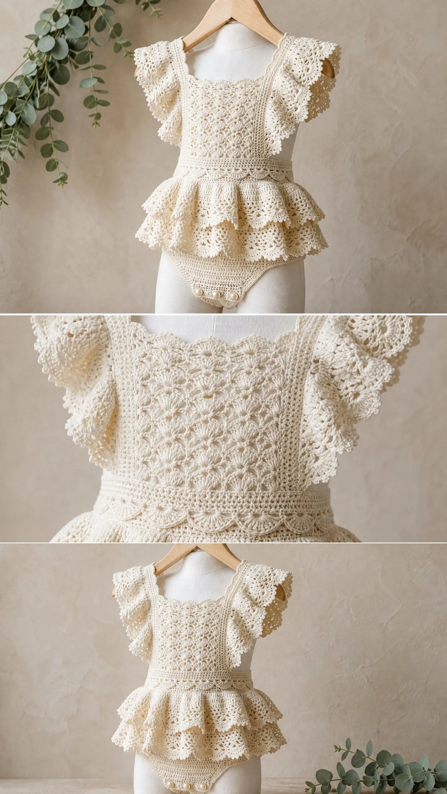 Cream Lace Ruffle Baby Romper Free Crochet Pattern