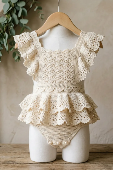 Cream Lace Ruffle Baby Romper Free Crochet Pattern
