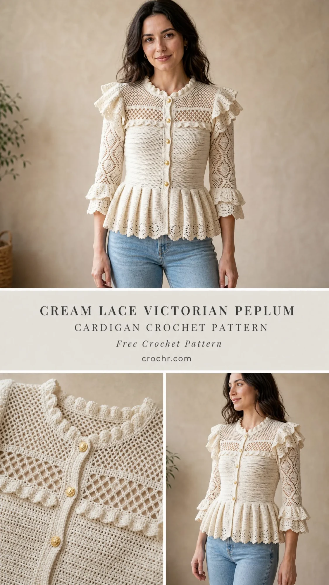 Cream Lace Victorian Peplum Cardigan Crochet Pattern