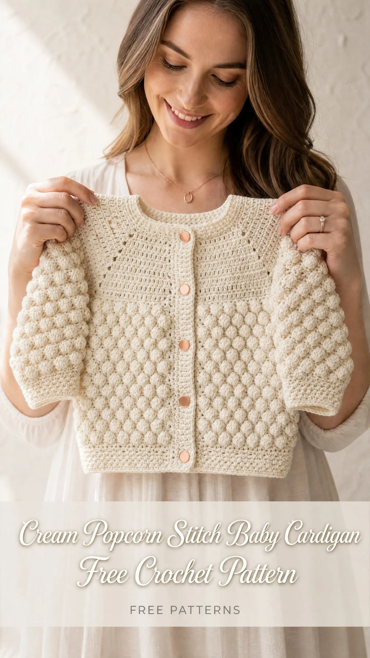 Cream Popcorn Stitch Baby Cardigan Free Crochet Pattern