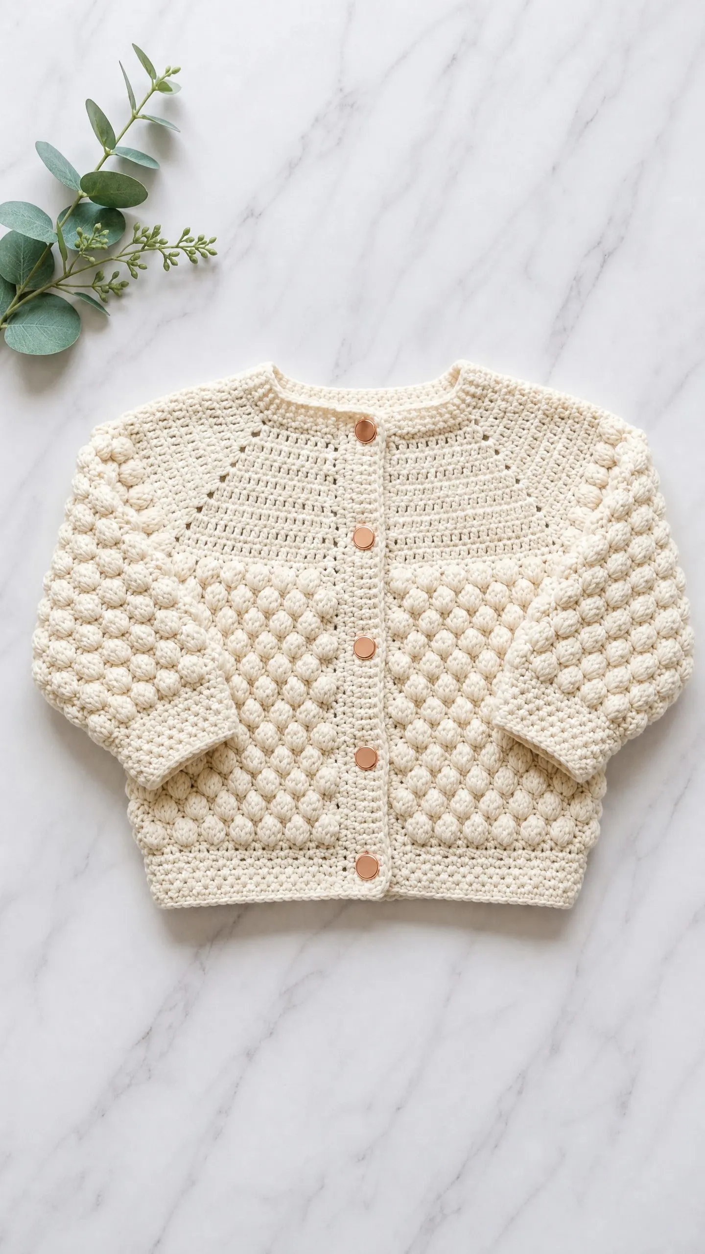 Cream Popcorn Stitch Baby Cardigan Free Crochet Pattern