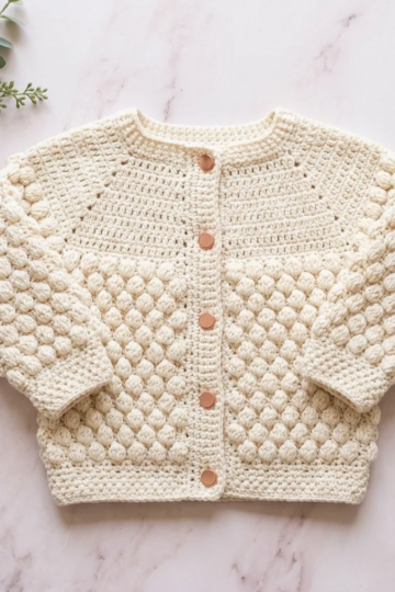 Cream Popcorn Stitch Baby Cardigan Free Crochet Pattern