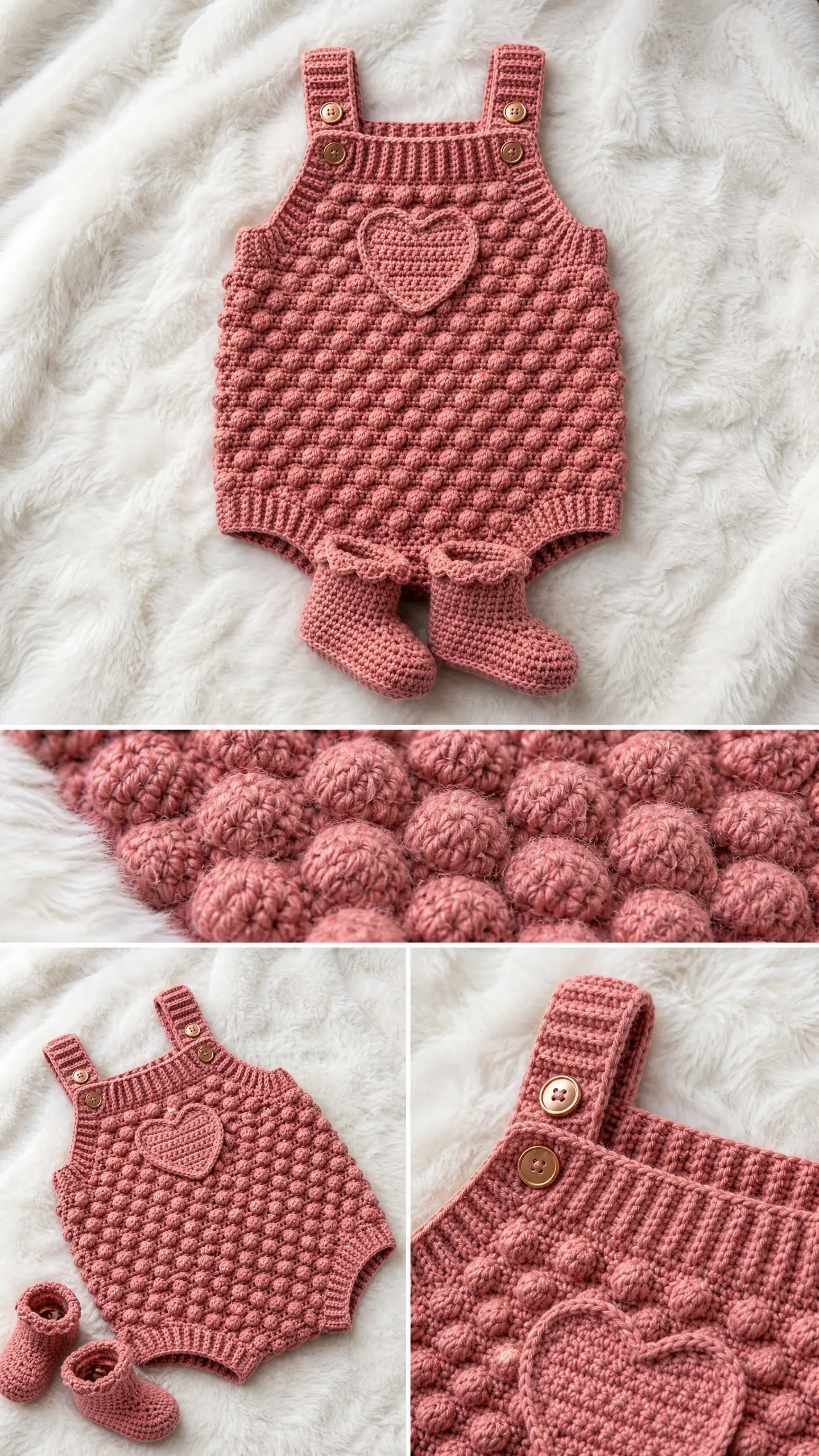 Dusty Rose Bobble Stitch Baby Romper Free Crochet Pattern