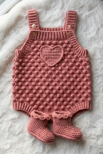 Dusty Rose Bobble Stitch Baby Romper Free Crochet Pattern