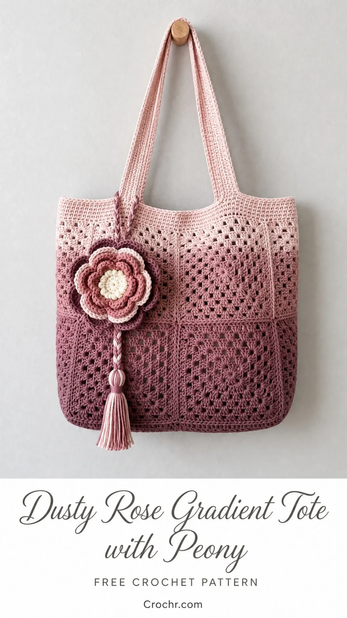 Dusty Rose Gradient Tote with Peony Free Crochet Pattern