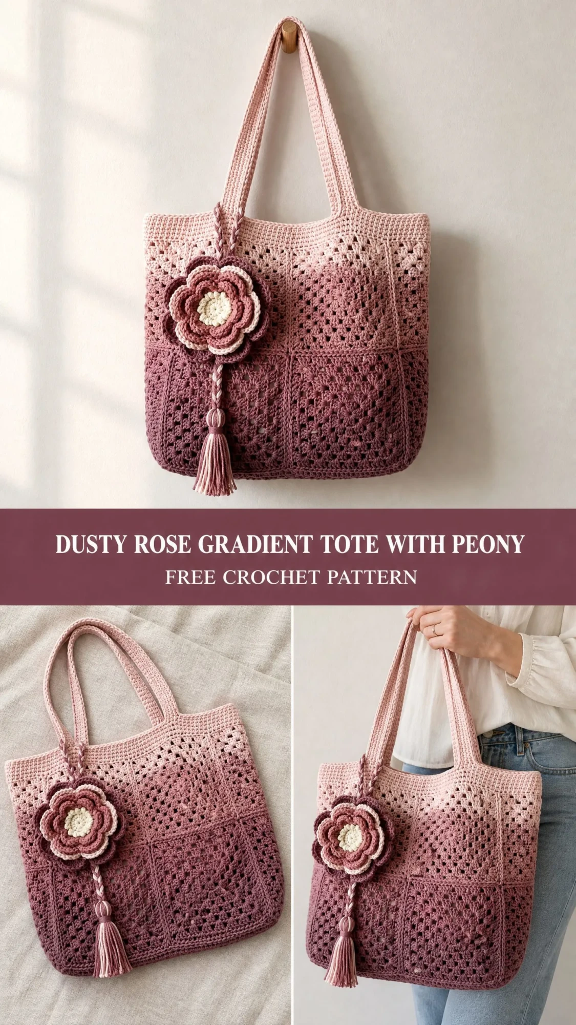 Dusty Rose Gradient Tote with Peony Free Crochet Pattern