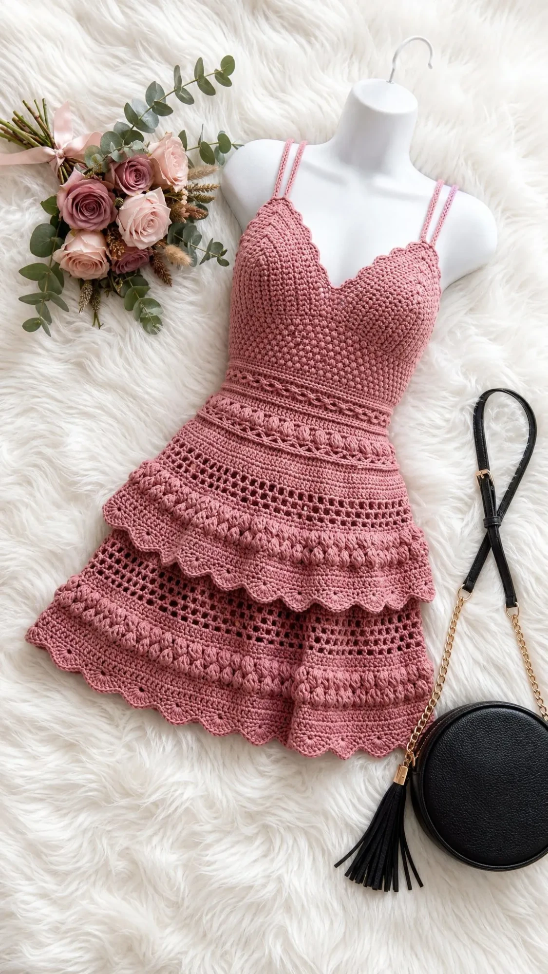 Dusty Rose Romantic Crochet Dress Free Pattern