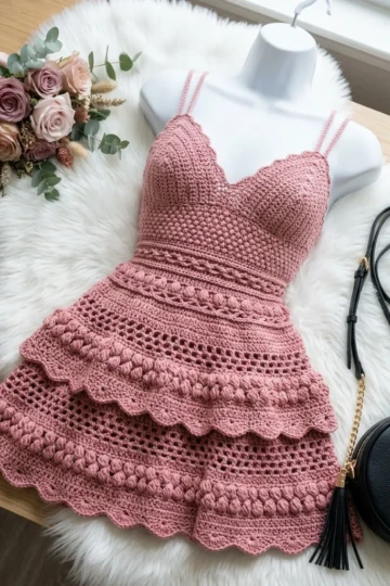 Dusty Rose Romantic Crochet Dress Free Pattern