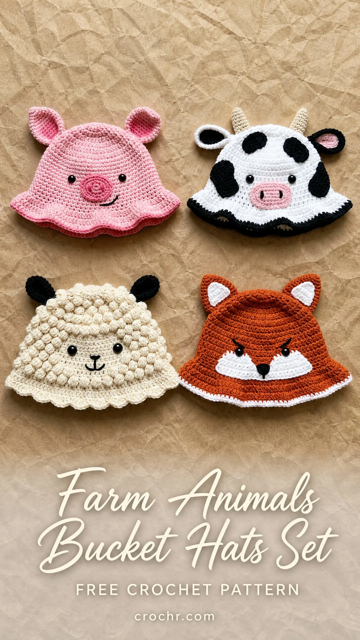 Farm Animals Bucket Hats Set Free Crochet Pattern