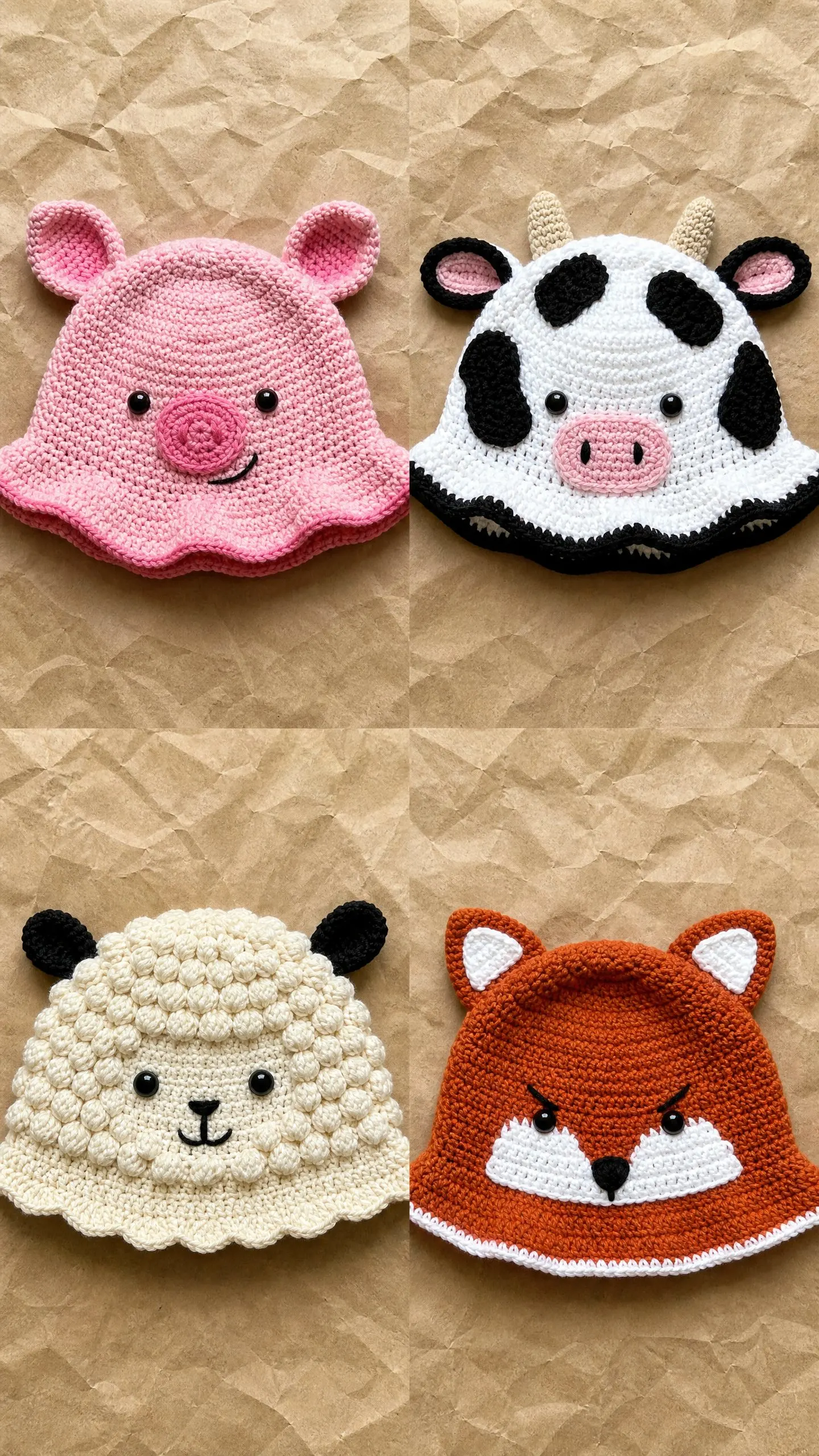 Farm Animals Bucket Hats Set Free Crochet Pattern