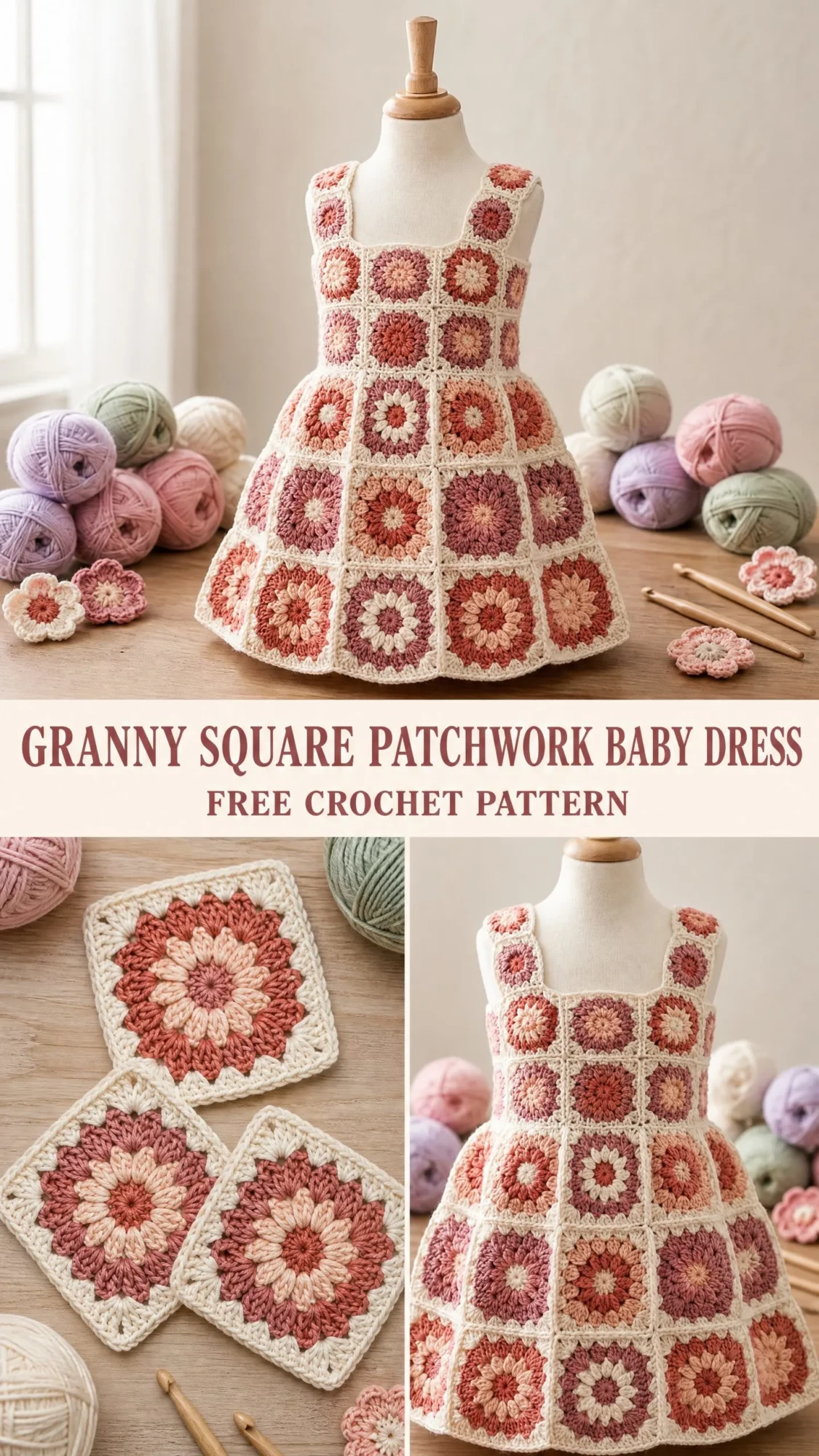 Granny Square Patchwork Baby Dress Free Crochet Pattern