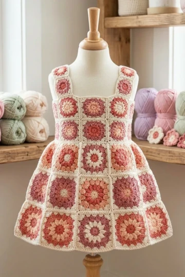 Granny Square Patchwork Baby Dress Free Crochet Pattern