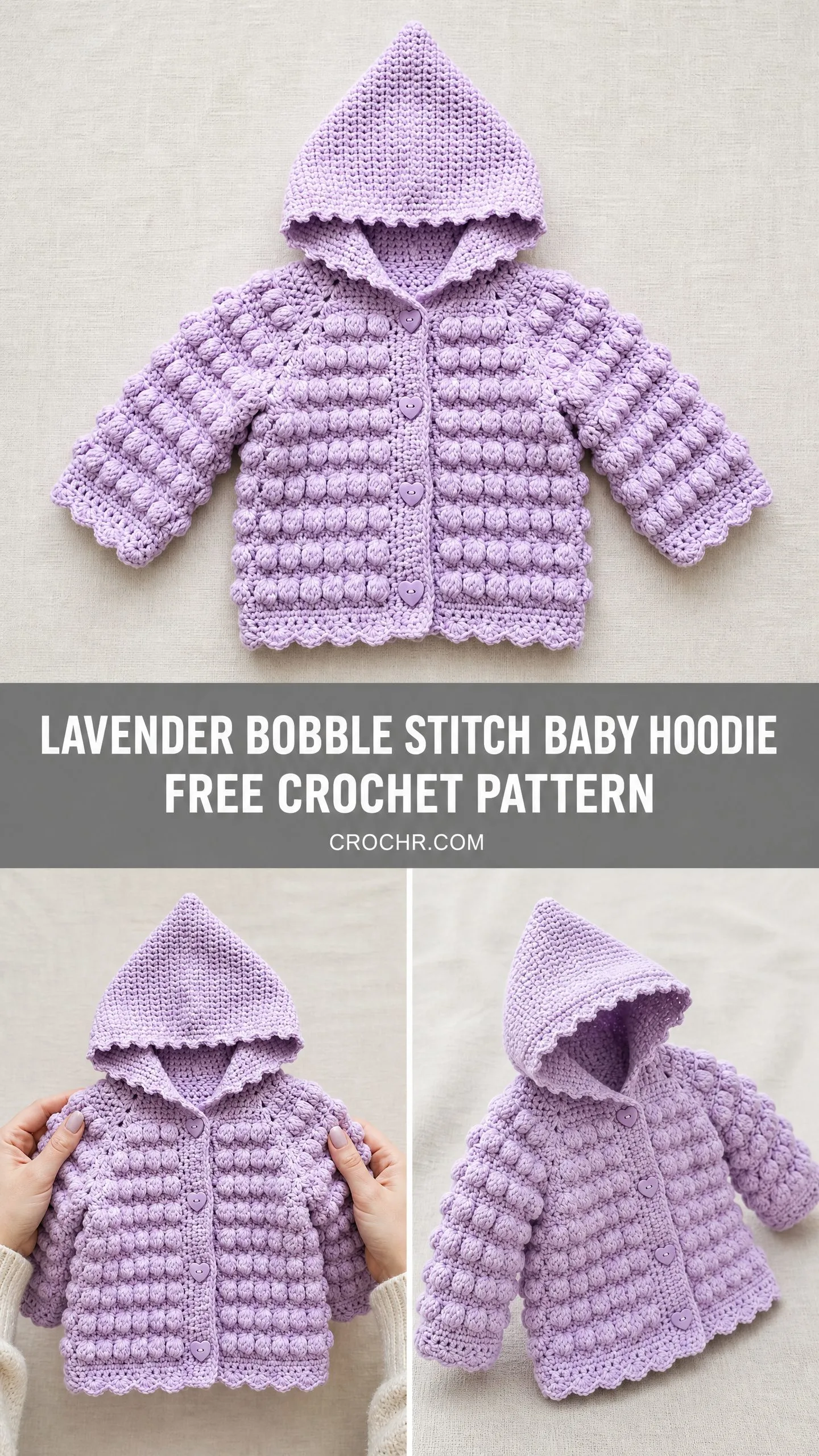 Lavender Bobble Stitch Baby Hoodie Free Crochet Pattern