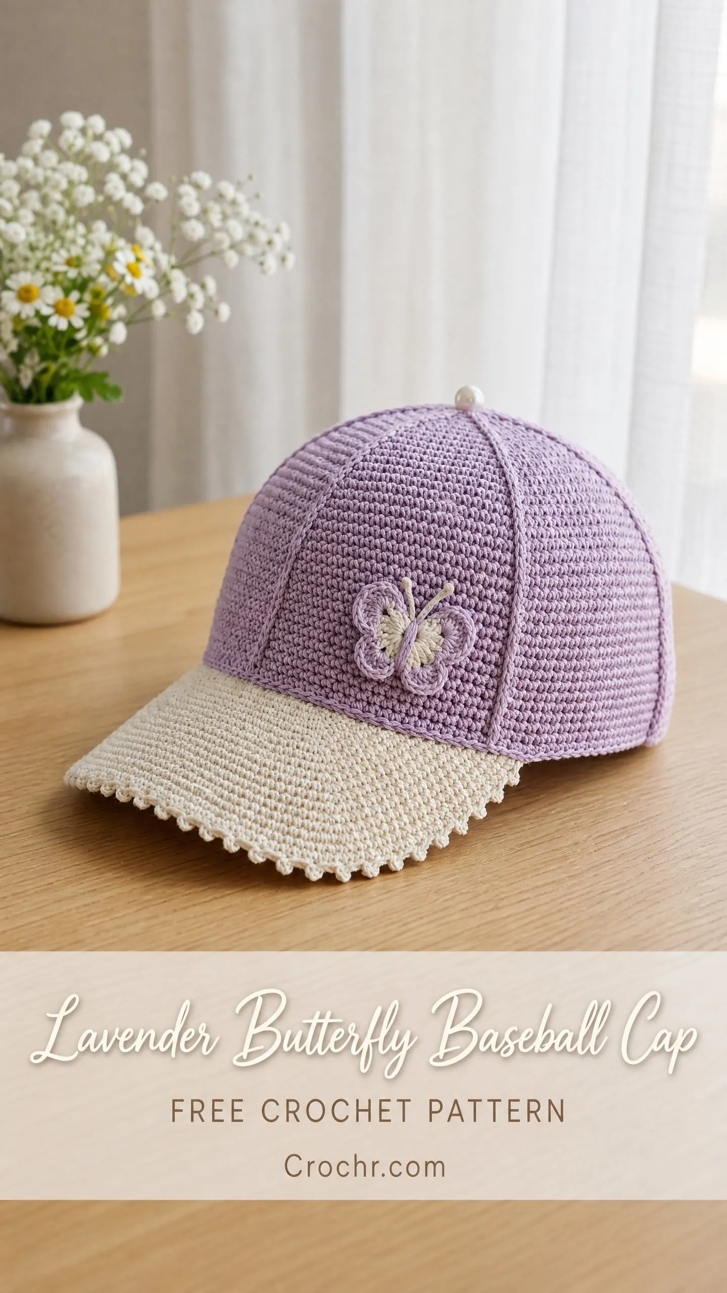 Lavender Butterfly Baseball Cap Free Crochet Pattern