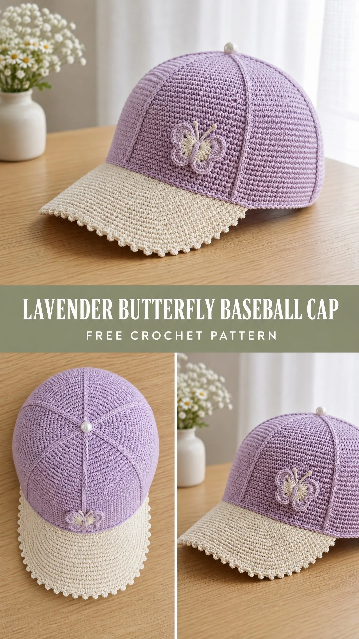 Lavender Butterfly Baseball Cap Free Crochet Pattern