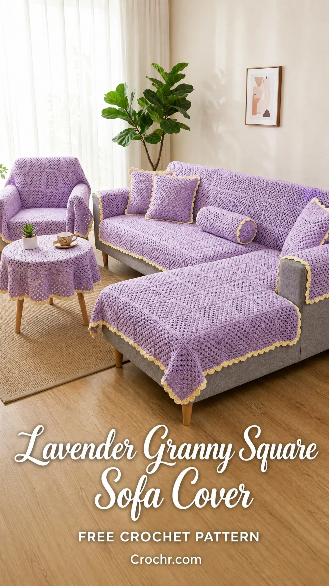 Lavender Granny Square Sofa Cover Free Crochet Pattern