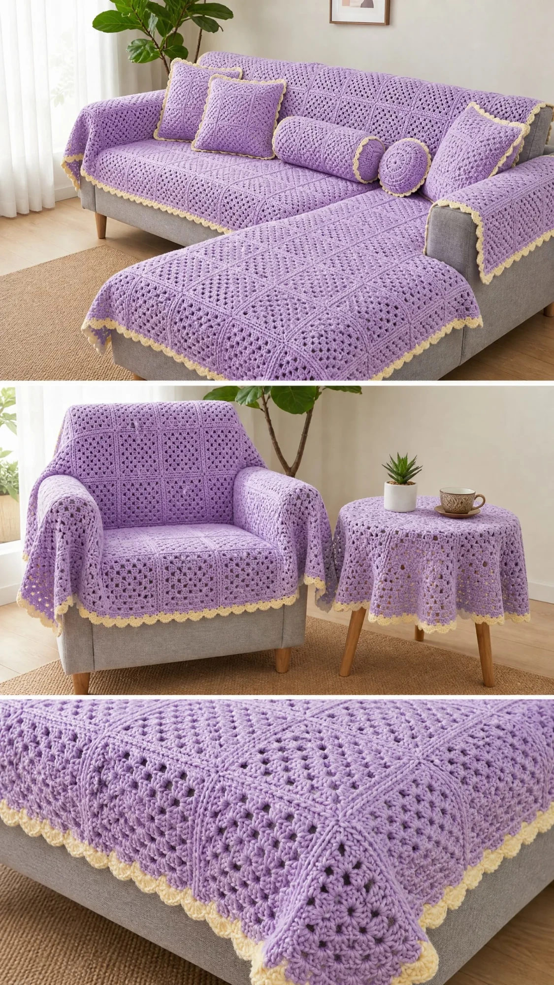 Lavender Granny Square Sofa Cover Free Crochet Pattern