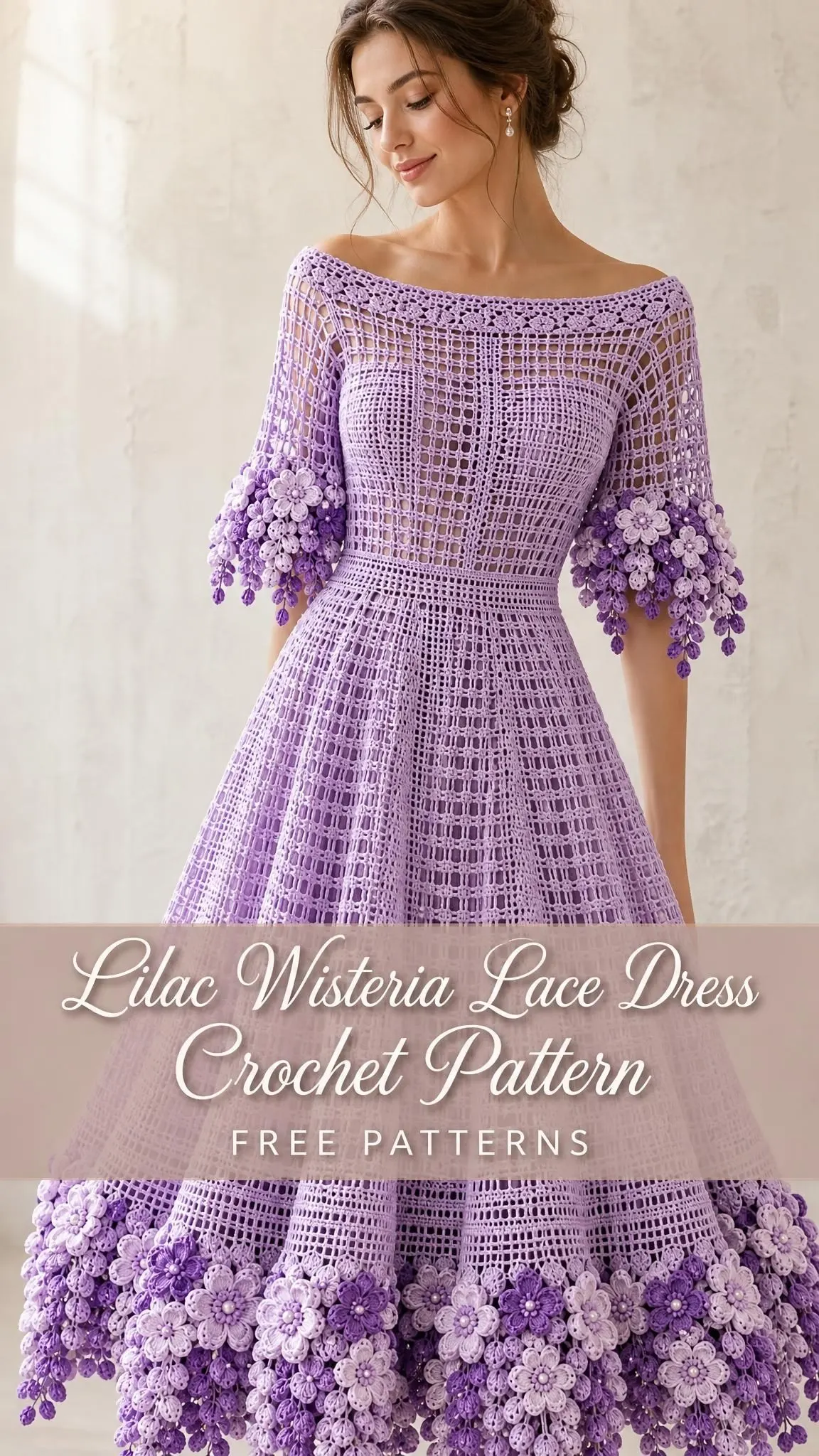 Close up of cascading violet and lavender crochet wisteria flowers decorating the hem of a lilac lace dress