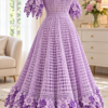 Pale lilac filet crochet dress on dress form showing boat neckline, flared skirt, and purple wisteria flower clusters at hem and sleeves