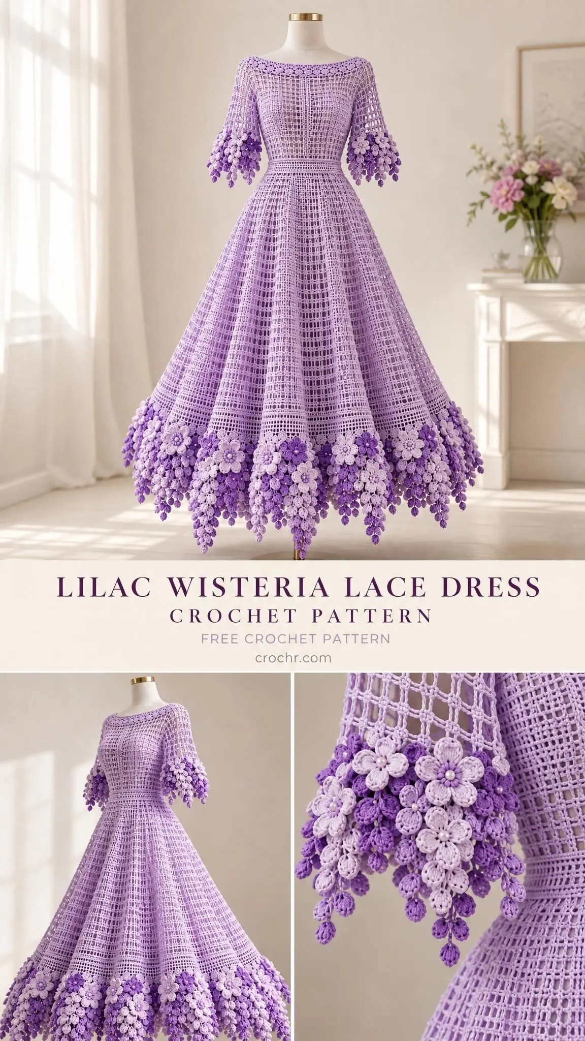 Elbow length crochet dress sleeve with openwork filet pattern and dangling purple five petal flower clusters at the cuff