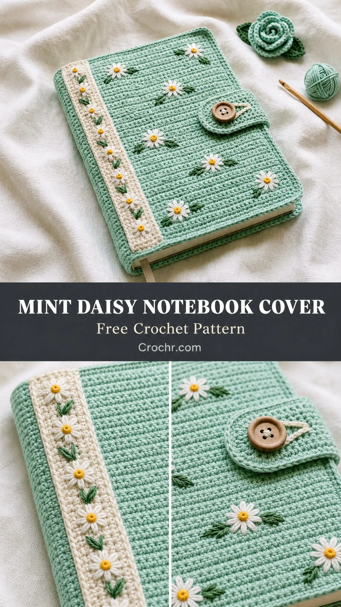 Mint Daisy Notebook Cover Free Crochet Pattern