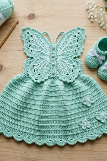 Mint Garden Butterfly Baby Dress Free Crochet Pattern